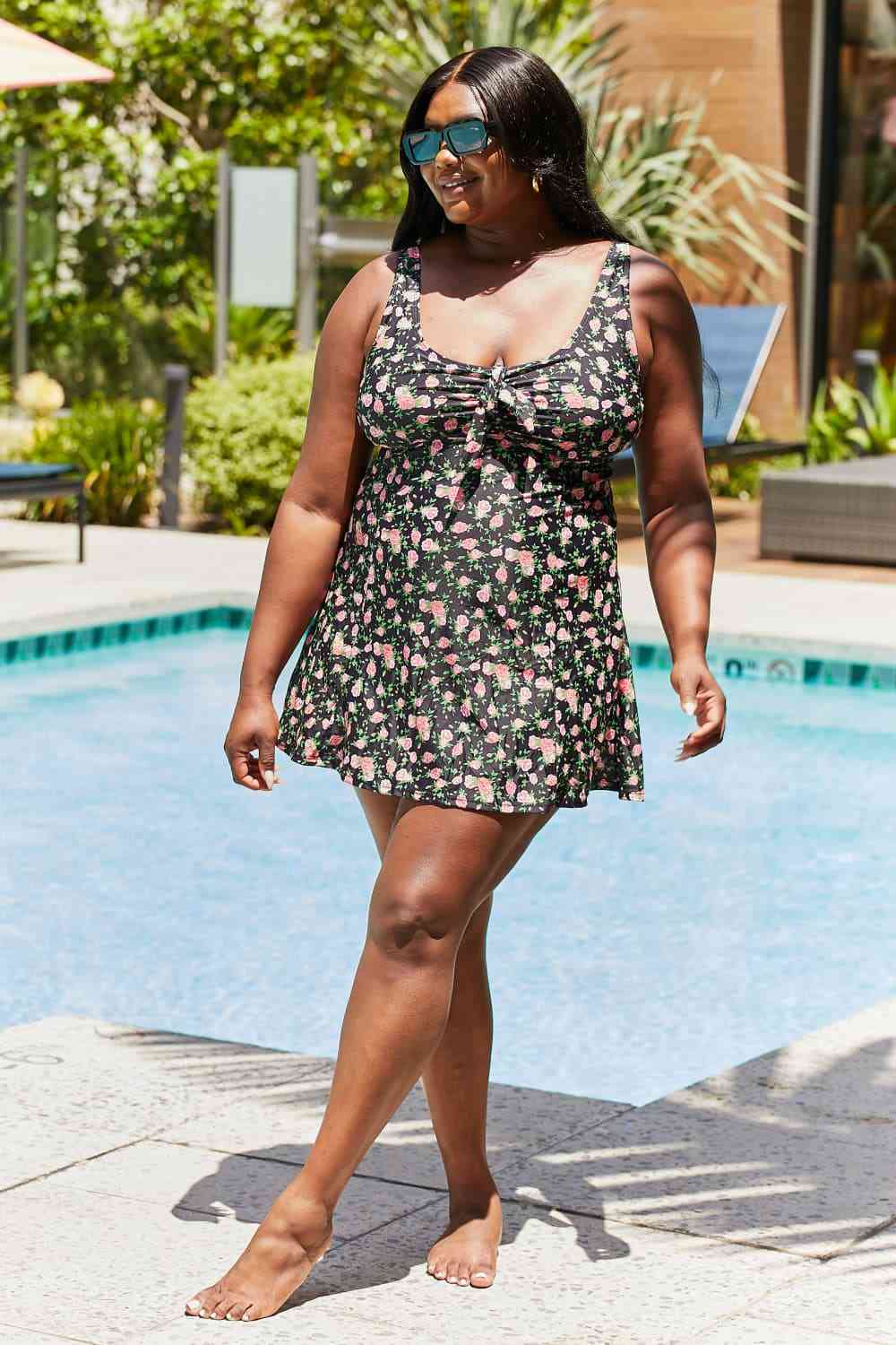 Marina West Swim Full Size Clear Waters Swim Dress in Black Roses - One - Piece Swimsuit - Roses Black - Bella Bourget