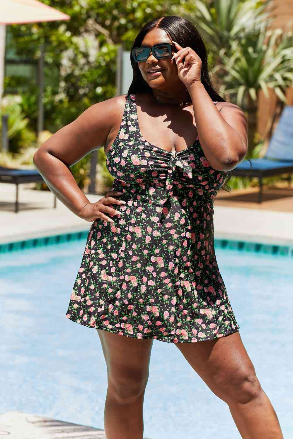 Marina West Swim Full Size Clear Waters Swim Dress in Black Roses - One - Piece Swimsuit - Roses Black - Bella Bourget