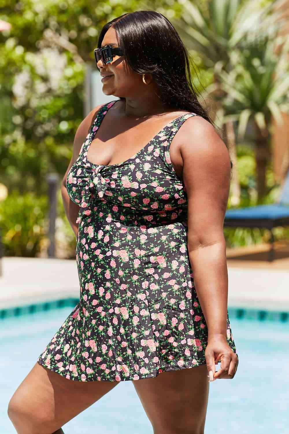 Marina West Swim Full Size Clear Waters Swim Dress in Black Roses - One - Piece Swimsuit - Roses Black - Bella Bourget