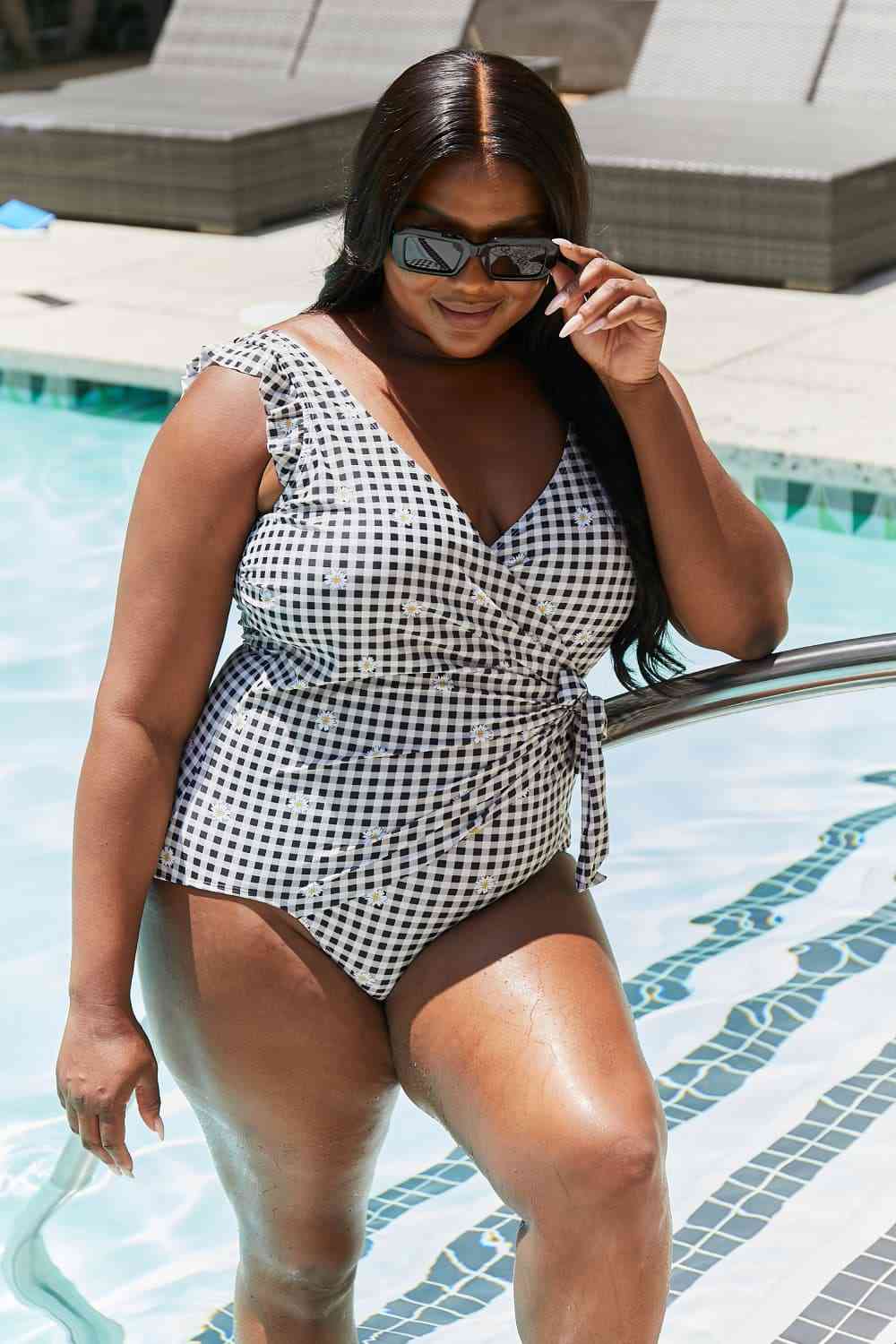 Marina West Swim Full Size Float On Ruffle Faux Wrap One - Piece in Black - One - Piece Swimsuit - Plaid - Bella Bourget