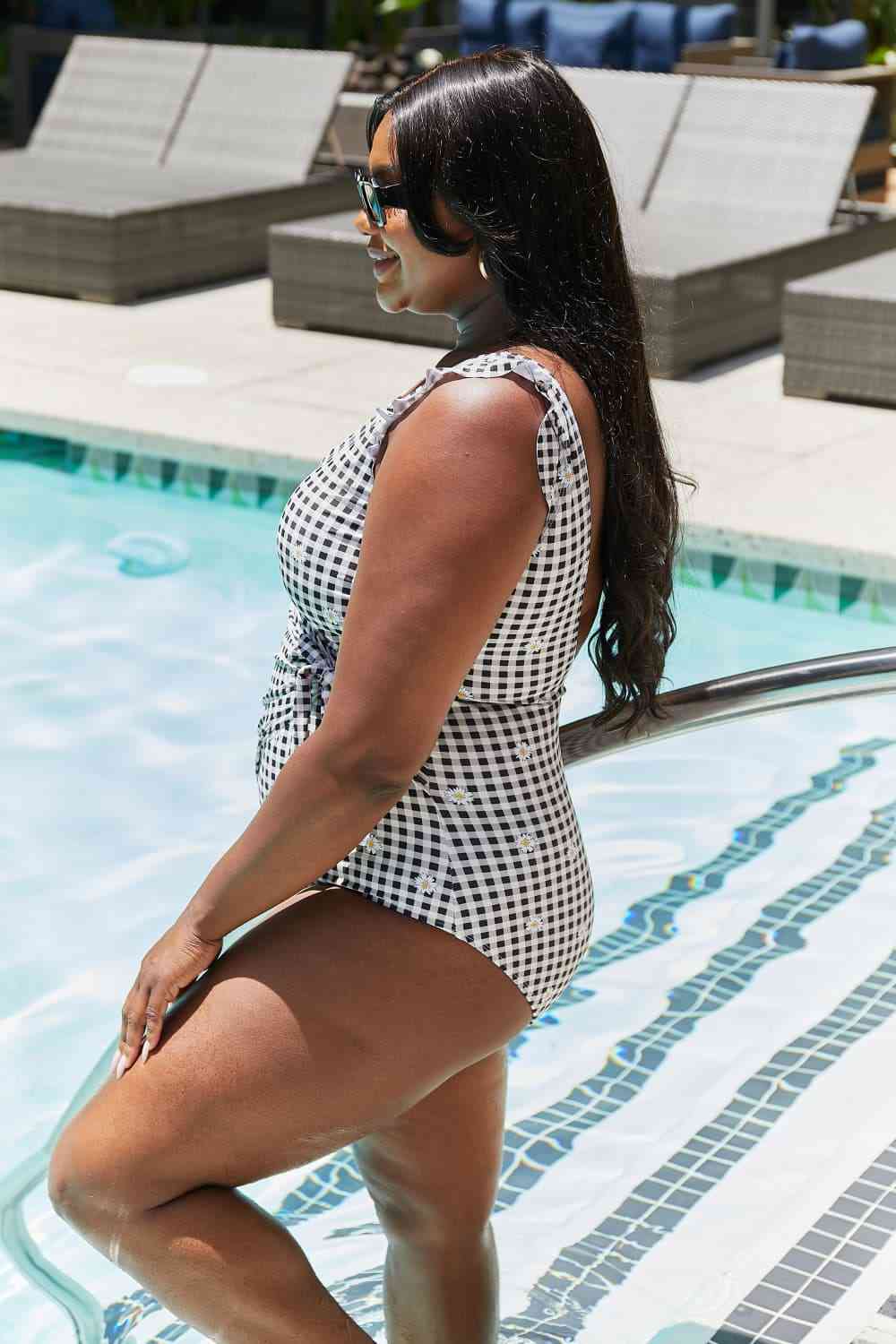 Marina West Swim Full Size Float On Ruffle Faux Wrap One - Piece in Black - One - Piece Swimsuit - Plaid - Bella Bourget