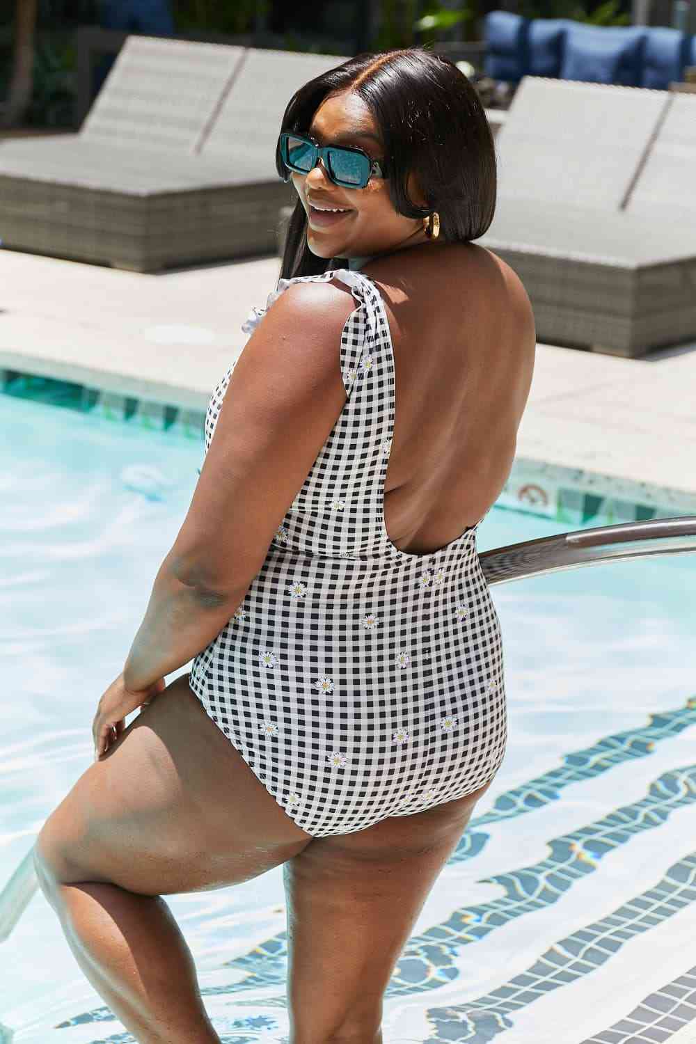 Marina West Swim Full Size Float On Ruffle Faux Wrap One - Piece in Black - One - Piece Swimsuit - Plaid - Bella Bourget