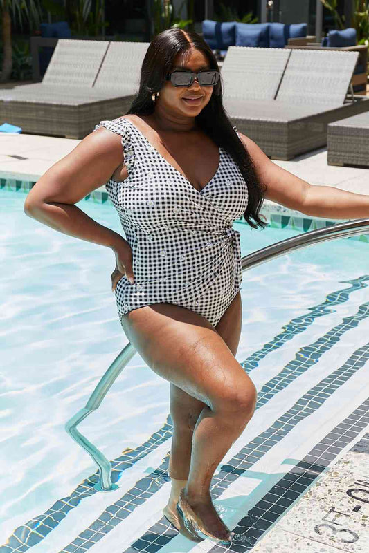 Marina West Swim Full Size Float On Ruffle Faux Wrap One - Piece in Black - One - Piece Swimsuit - Plaid - Bella Bourget