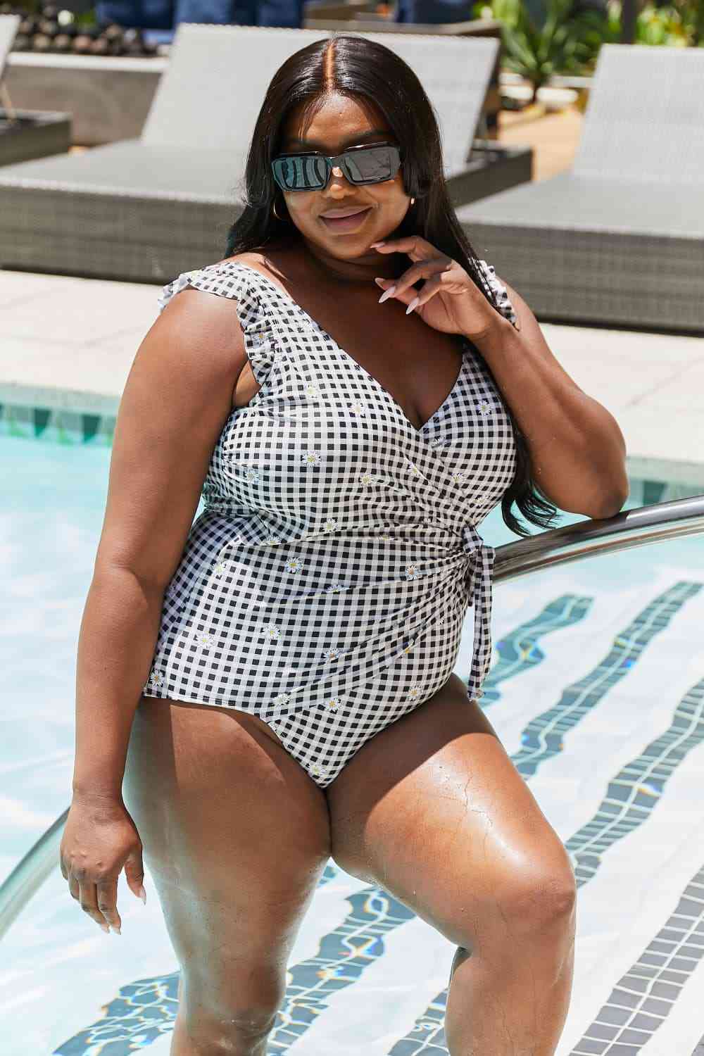 Marina West Swim Full Size Float On Ruffle Faux Wrap One - Piece in Black - One - Piece Swimsuit - Plaid - Bella Bourget