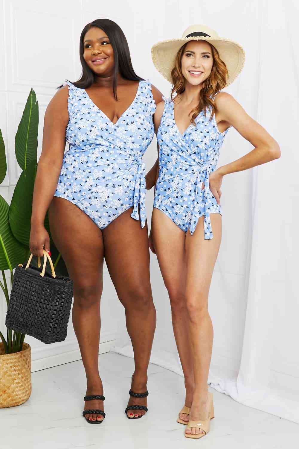 Marina West Swim Full Size Float On Ruffle Faux Wrap One - Piece in Blossom Blue - One - Piece Swimsuit - Floral - Bella Bourget