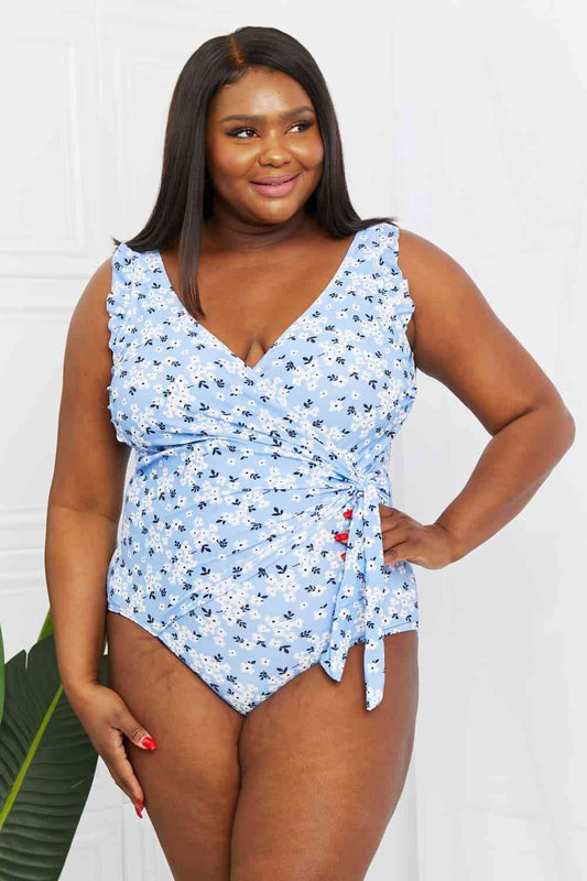 Marina West Swim Full Size Float On Ruffle Faux Wrap One - Piece in Blossom Blue - One - Piece Swimsuit - Floral - Bella Bourget
