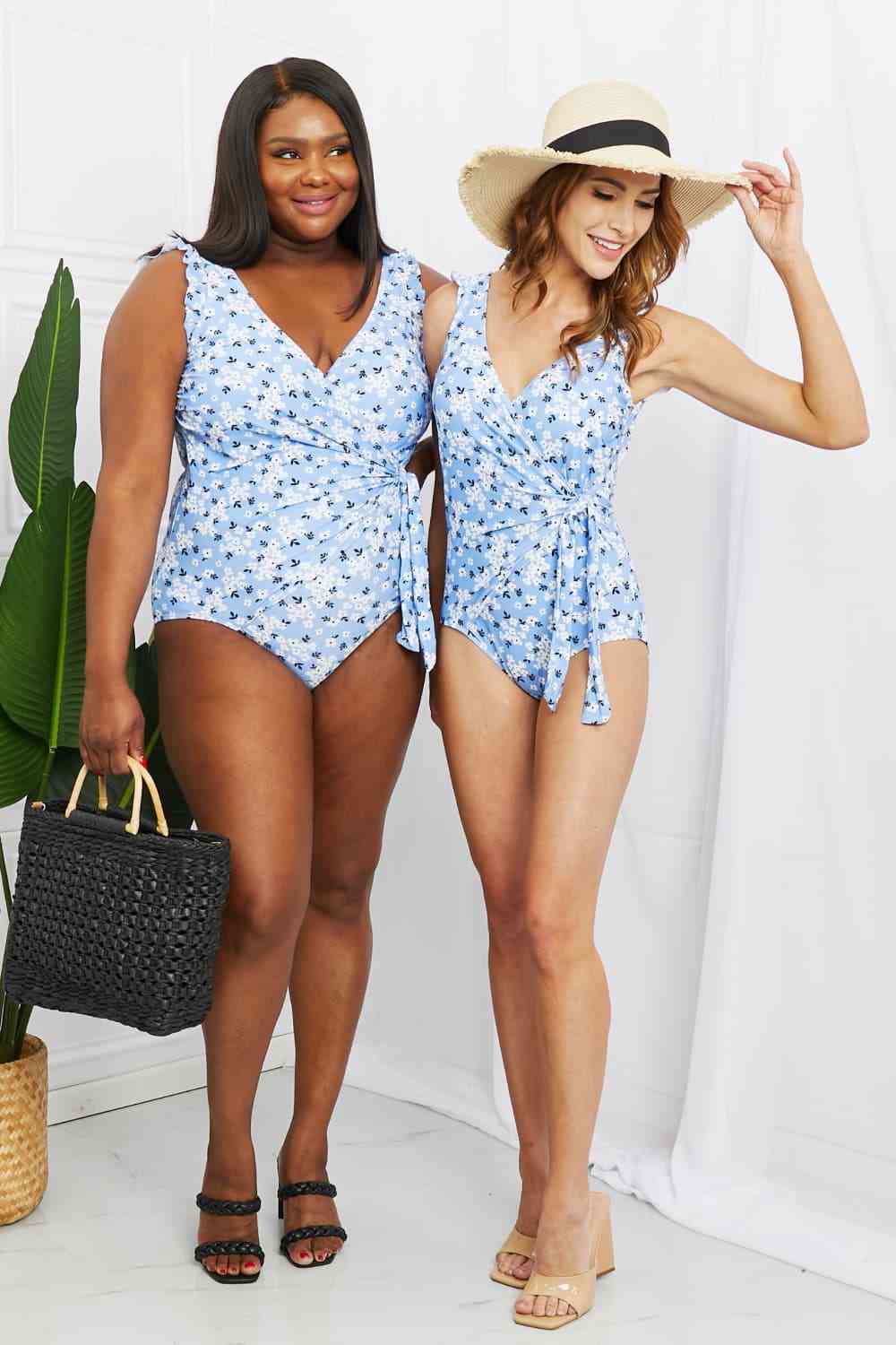 Marina West Swim Full Size Float On Ruffle Faux Wrap One - Piece in Blossom Blue - One - Piece Swimsuit - Floral - Bella Bourget