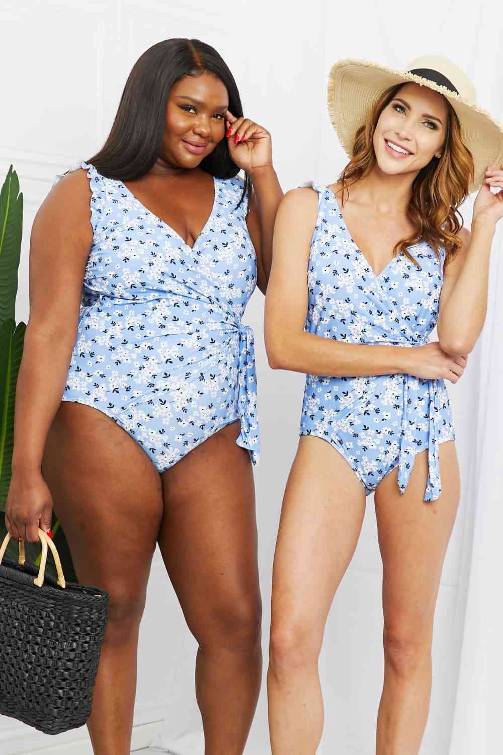 Marina West Swim Full Size Float On Ruffle Faux Wrap One - Piece in Blossom Blue - One - Piece Swimsuit - Floral - Bella Bourget