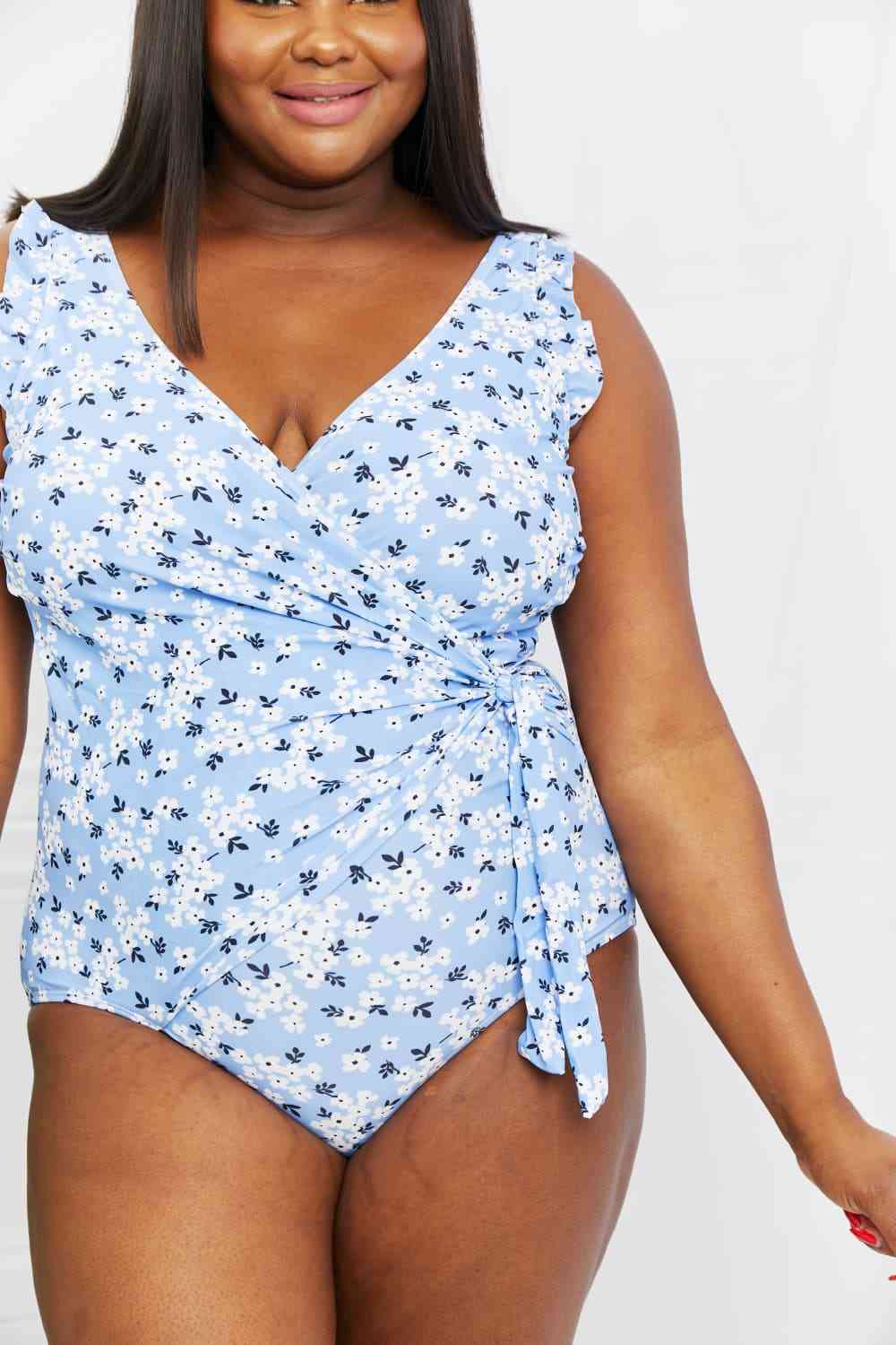 Marina West Swim Full Size Float On Ruffle Faux Wrap One - Piece in Blossom Blue - One - Piece Swimsuit - Floral - Bella Bourget