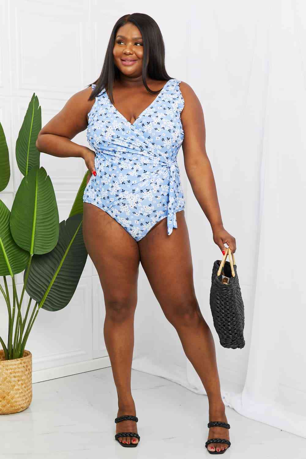 Marina West Swim Full Size Float On Ruffle Faux Wrap One - Piece in Blossom Blue - One - Piece Swimsuit - Floral - Bella Bourget