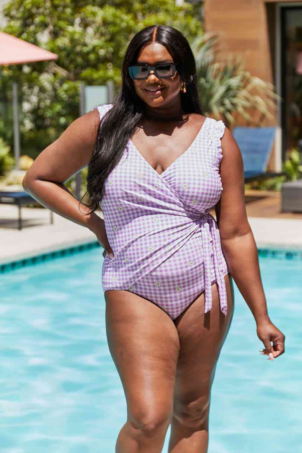 Marina West Swim Full Size Float On Ruffle Faux Wrap One - Piece in Carnation Pink - Full Size One - Piece Swimsuit - Carnation Pink - Bella Bourget