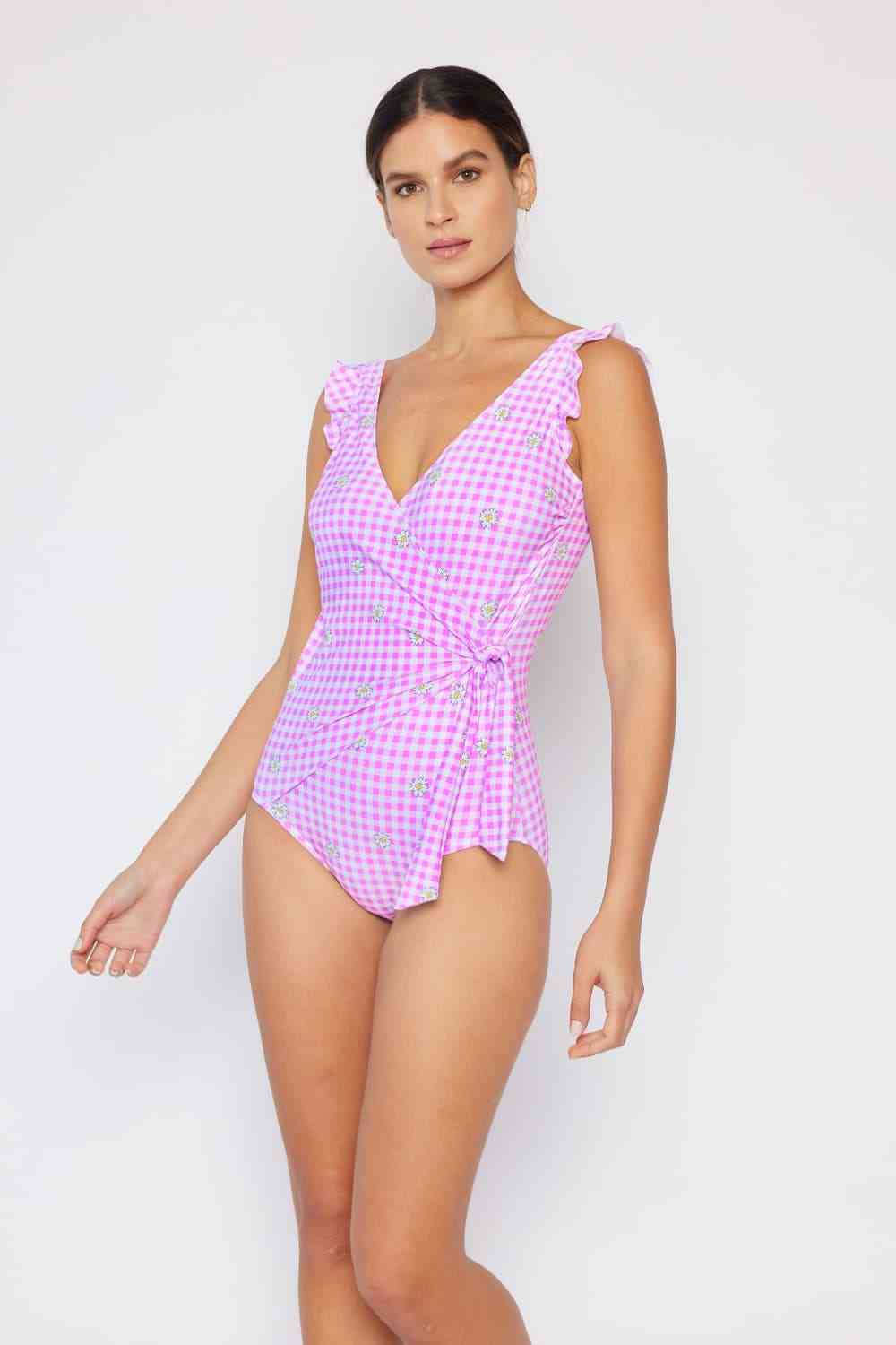 Marina West Swim Full Size Float On Ruffle Faux Wrap One - Piece in Carnation Pink - Full Size One - Piece Swimsuit - Carnation Pink - Bella Bourget