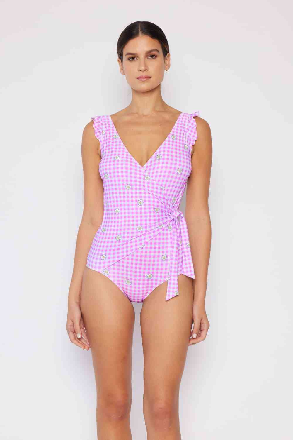 Marina West Swim Full Size Float On Ruffle Faux Wrap One - Piece in Carnation Pink - Full Size One - Piece Swimsuit - Carnation Pink - Bella Bourget