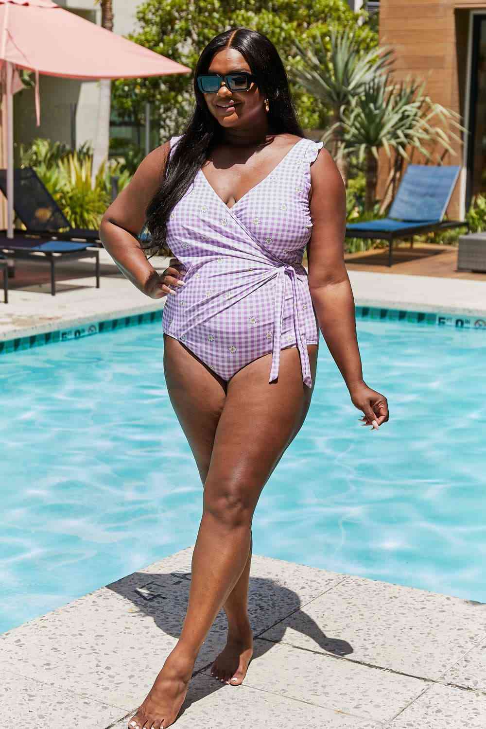 Marina West Swim Full Size Float On Ruffle Faux Wrap One - Piece in Carnation Pink - Full Size One - Piece Swimsuit - Carnation Pink - Bella Bourget