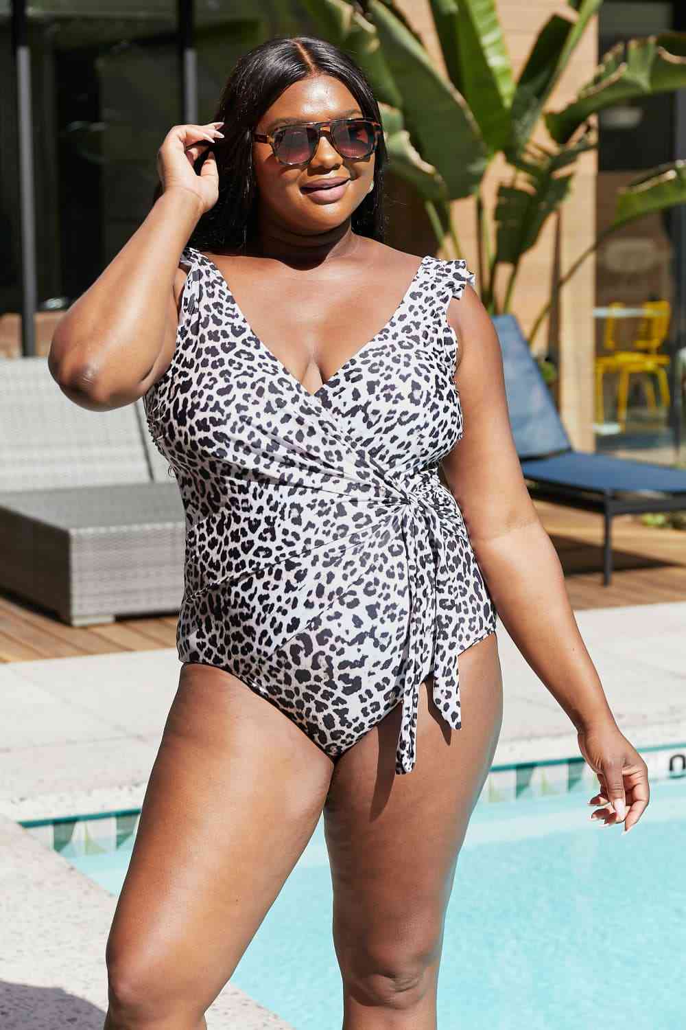 Marina West Swim Full Size Float On Ruffle Faux Wrap One - Piece in Cat - One - Piece Swimsuit - Leopard - Bella Bourget