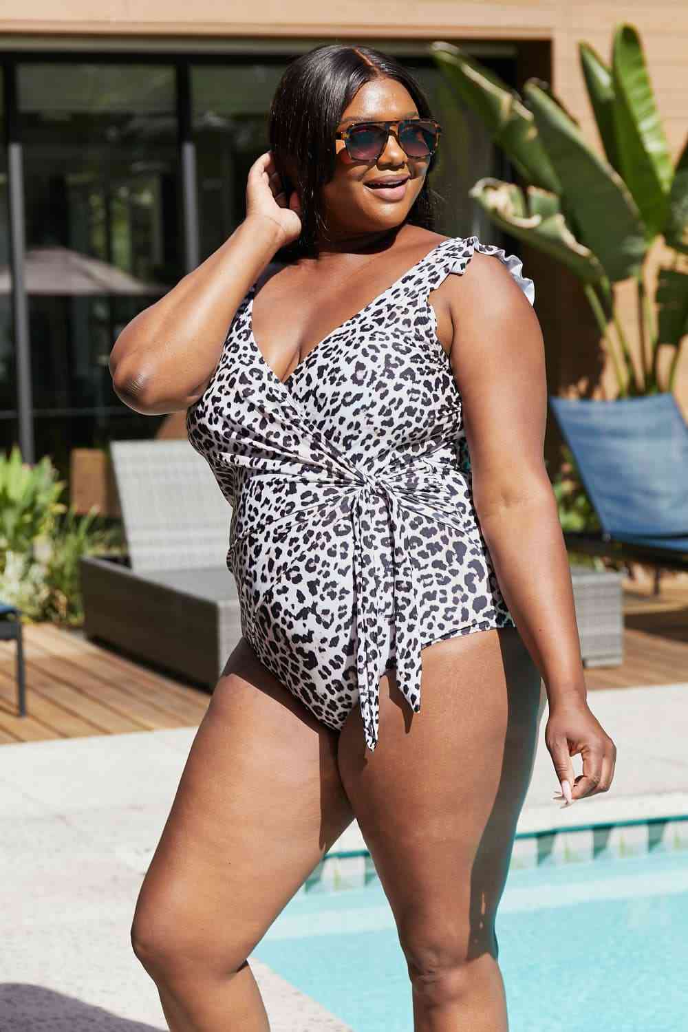 Marina West Swim Full Size Float On Ruffle Faux Wrap One - Piece in Cat - One - Piece Swimsuit - Leopard - Bella Bourget