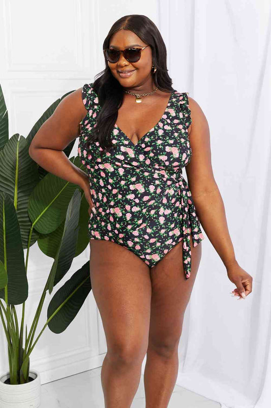 Marina West Swim Full Size Float On Ruffle Faux Wrap One - Piece in Floral - One - Piece Swimsuit - Black - Bella Bourget