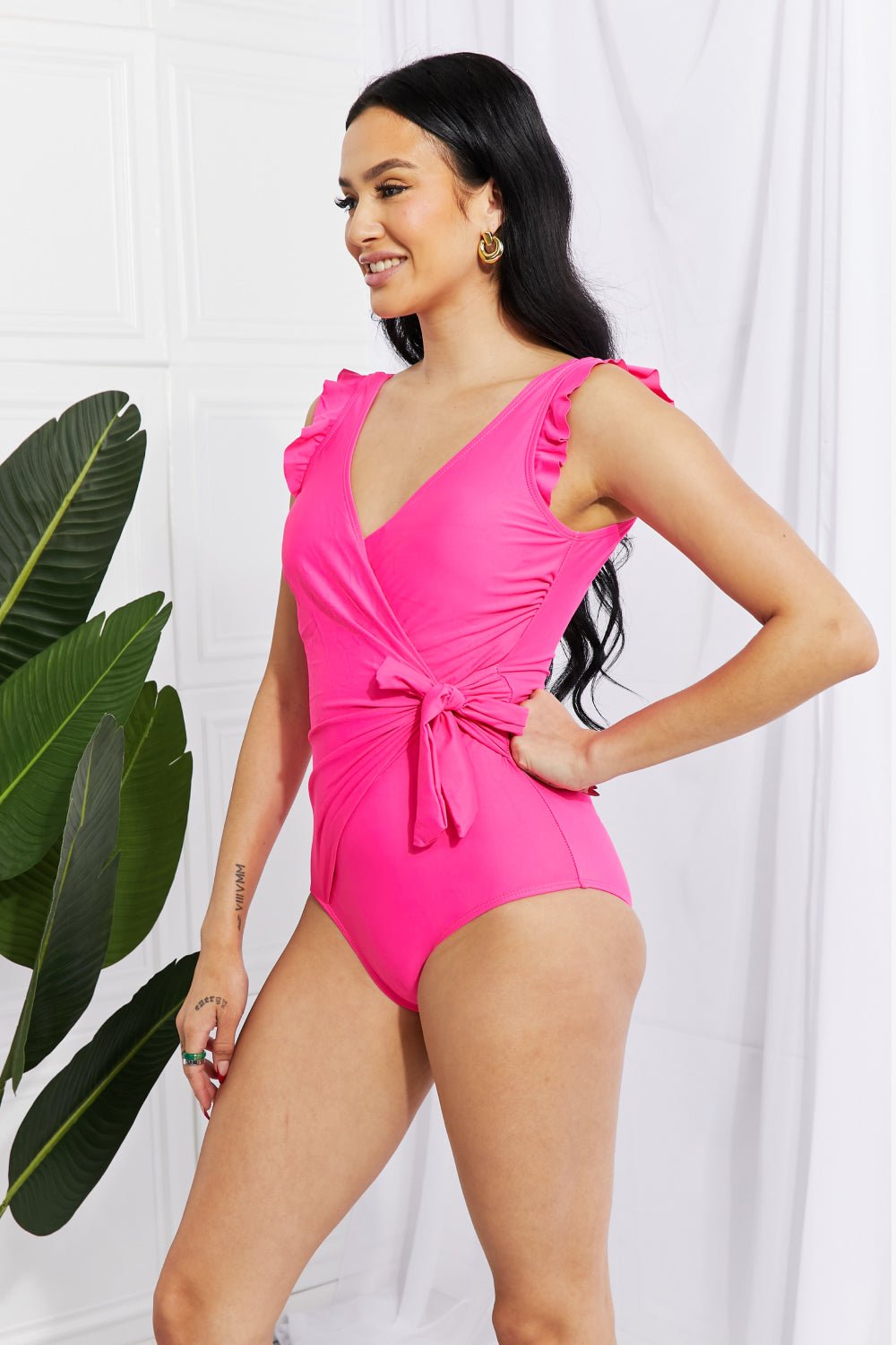 Marina West Swim Full Size Float On Ruffle Faux Wrap One - Piece in Pink - Full Size One - Piece - Hot Pink - Bella Bourget