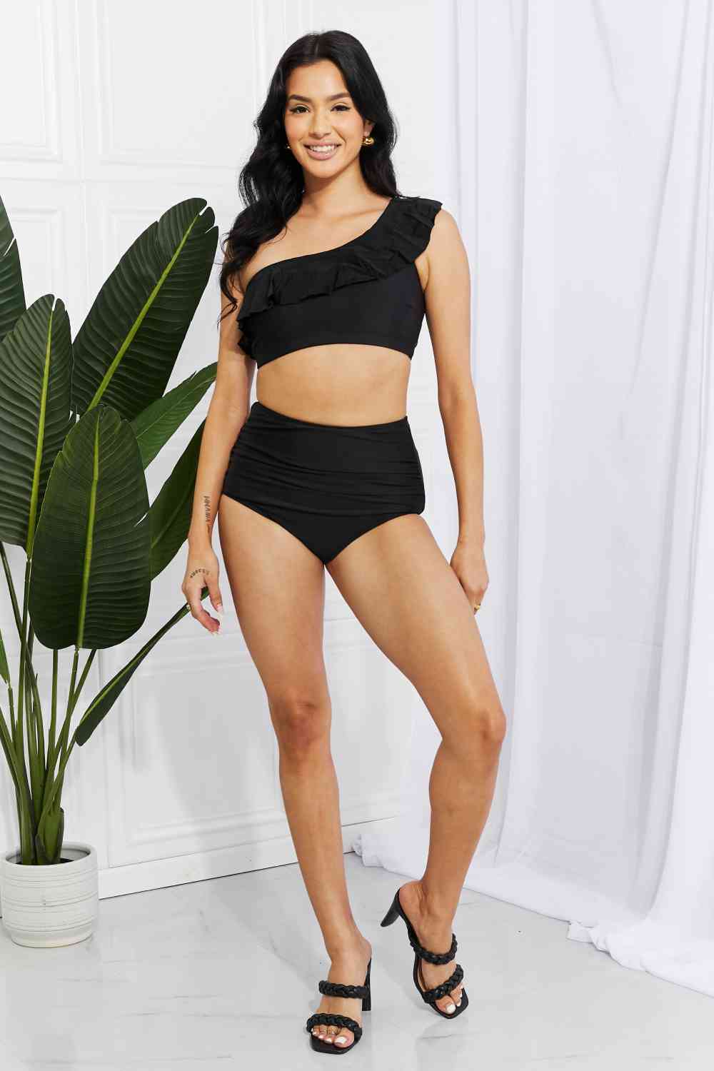 Marina West Swim Seaside Romance Ruffle One - Shoulder Bikini in Black - Two - Piece Bathing Suit - Black - Bella Bourget