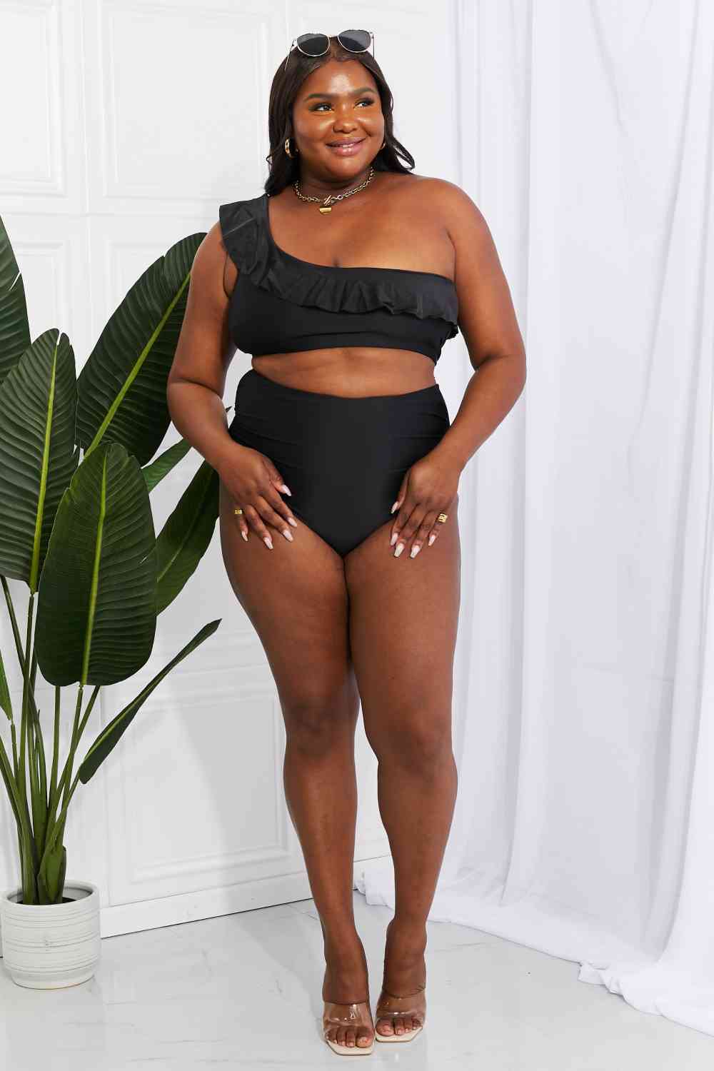 Marina West Swim Seaside Romance Ruffle One - Shoulder Bikini in Black - Two - Piece Bathing Suit - Black - Bella Bourget