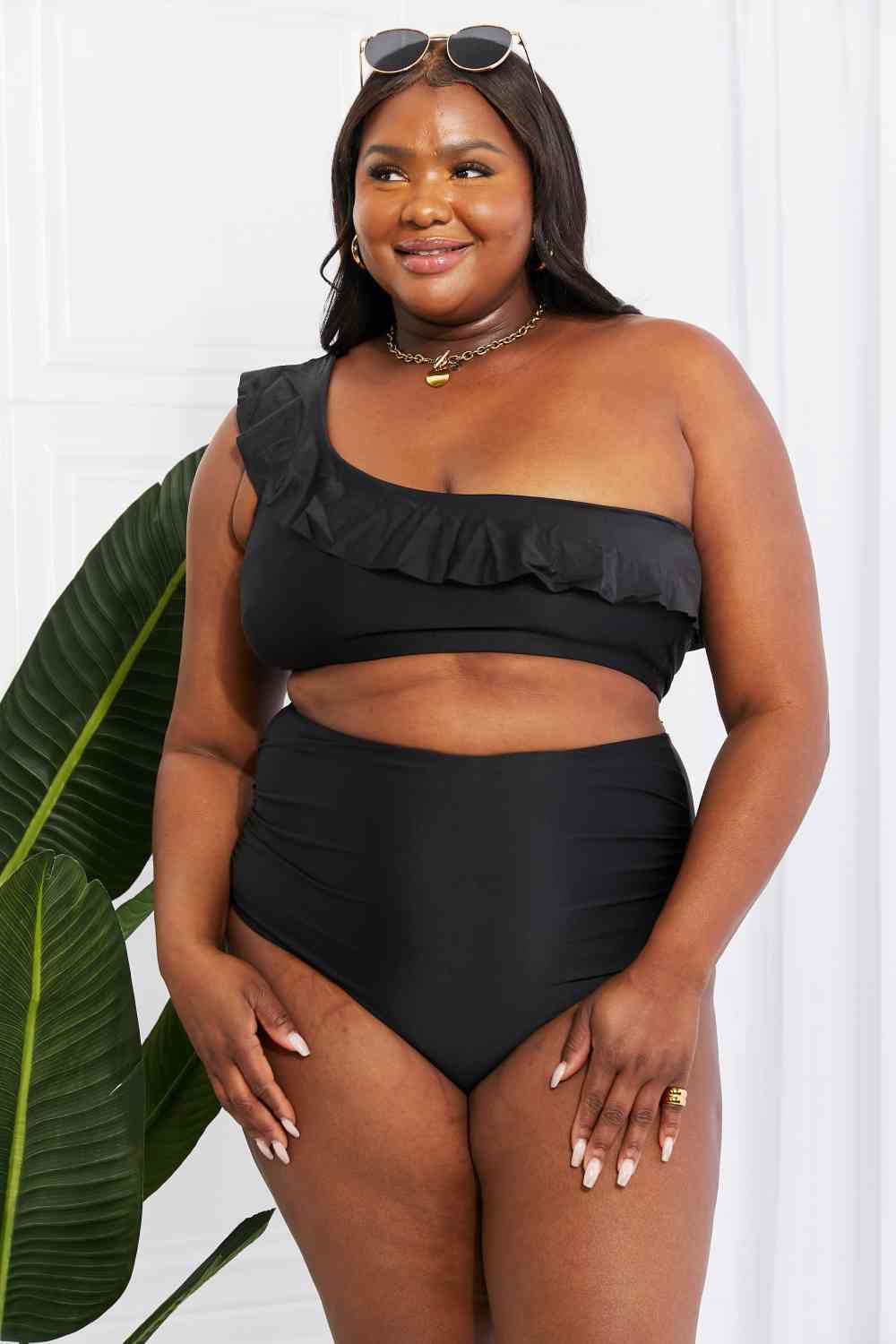 Marina West Swim Seaside Romance Ruffle One - Shoulder Bikini in Black - Two - Piece Bathing Suit - Black - Bella Bourget