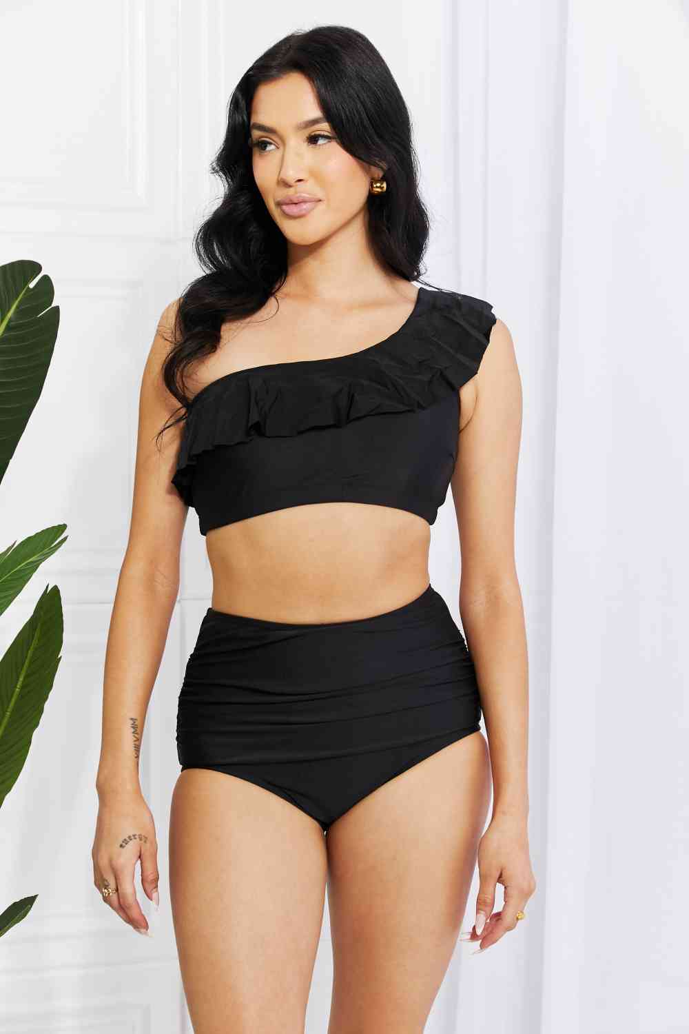 Marina West Swim Seaside Romance Ruffle One - Shoulder Bikini in Black - Two - Piece Bathing Suit - Black - Bella Bourget