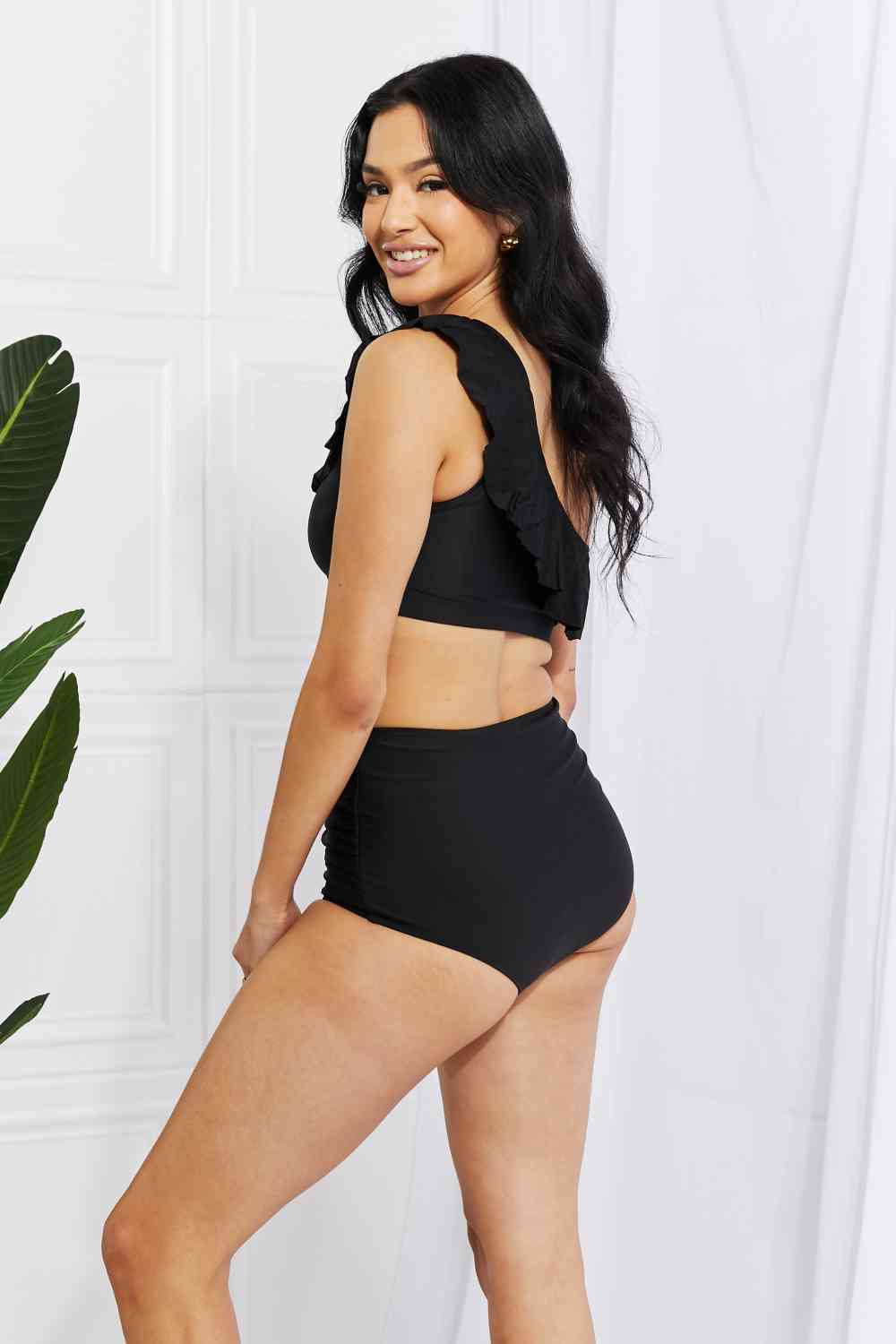 Marina West Swim Seaside Romance Ruffle One - Shoulder Bikini in Black - Two - Piece Bathing Suit - Black - Bella Bourget