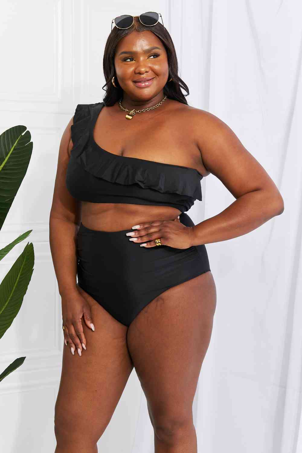 Marina West Swim Seaside Romance Ruffle One - Shoulder Bikini in Black - Two - Piece Bathing Suit - Black - Bella Bourget