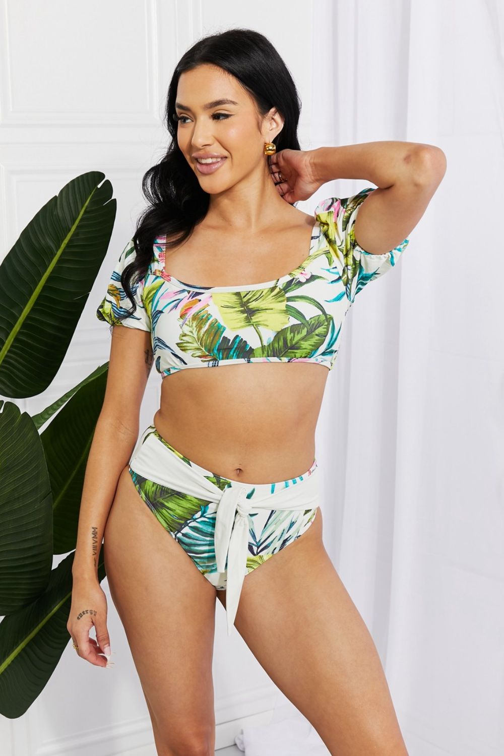 Marina West Swim Vacay Ready Puff Sleeve Bikini in Floral - Swim Sets - Cream - Bella Bourget