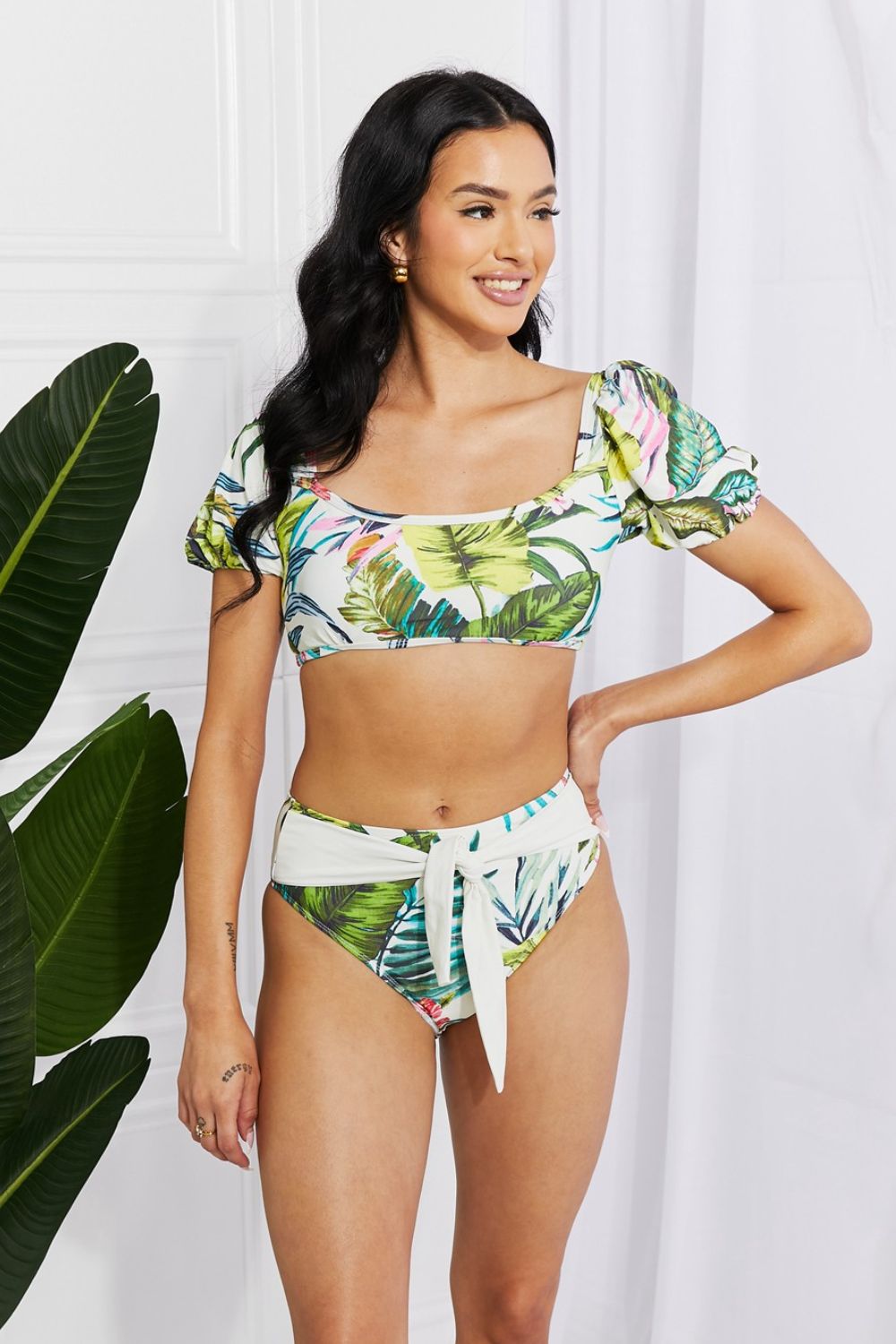 Marina West Swim Vacay Ready Puff Sleeve Bikini in Floral - Swim Sets - Cream - Bella Bourget