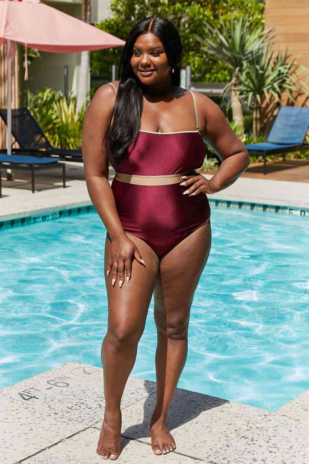 Marina West Swim Wave Break Contrast Trim One - Piece in Wine - One - Piece Swimsuit - Wine - Bella Bourget