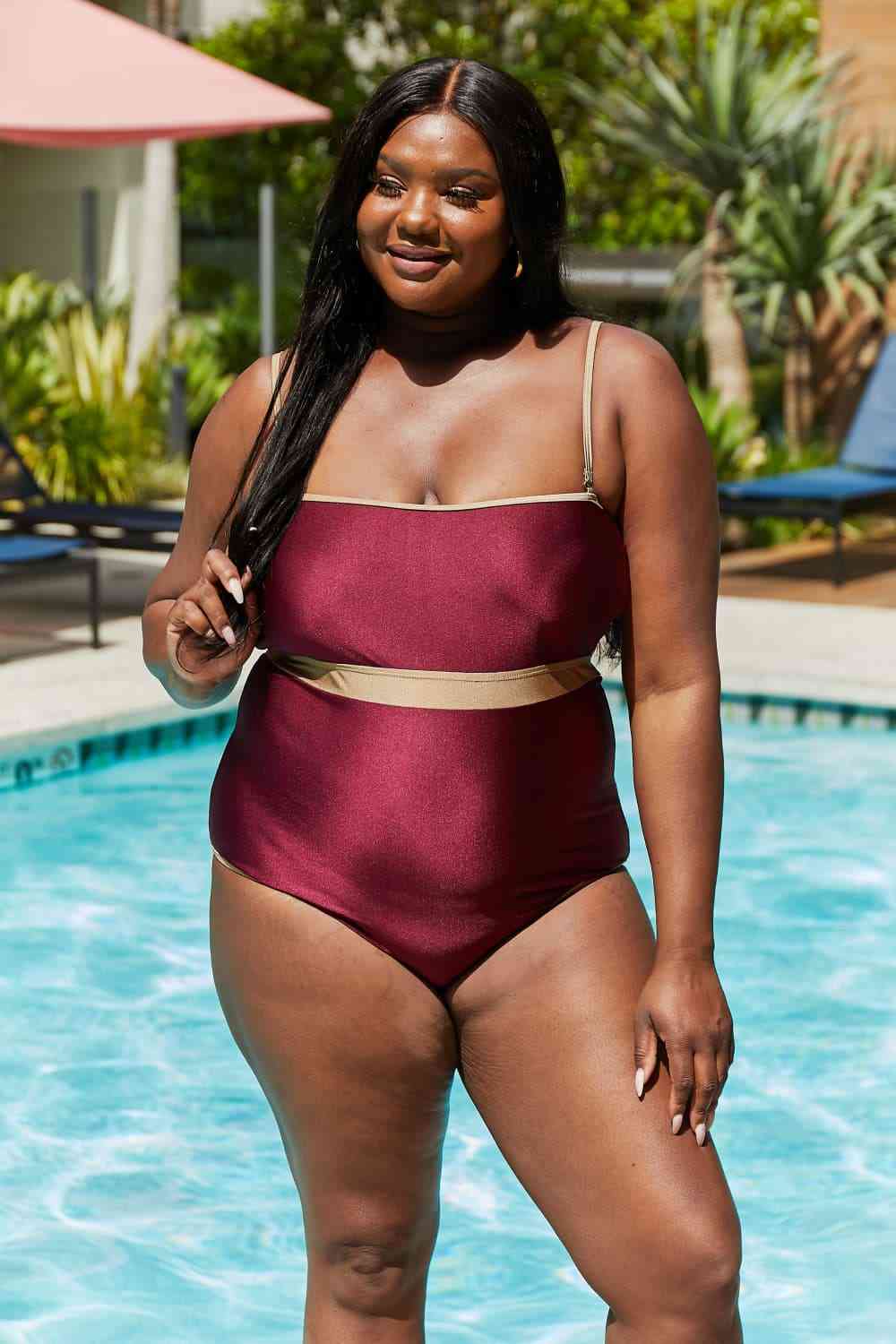 Marina West Swim Wave Break Contrast Trim One - Piece in Wine - One - Piece Swimsuit - Wine - Bella Bourget