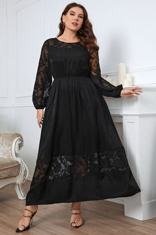 Melo Apparel Plus Size Embroidery Round Neck Long Sleeve Maxi Dress - Dress - Black - Bella Bourget