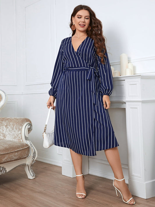 Melo Apparel Full Size Striped Surplice Neck Long Sleeve Dress - Dress - Navy - Bella Bourget