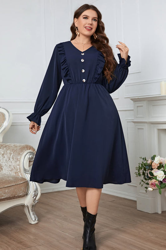 Melo Apparel Full Size V - Neck Buttoned Flounce Sleeve Dress - Dress - Navy - Bella Bourget