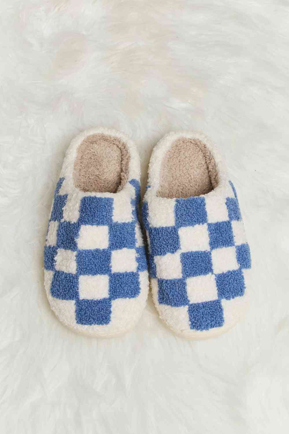 Melody Checkered Print Plush Slide Slippers - shoes - Cobalt Blue - Bella Bourget