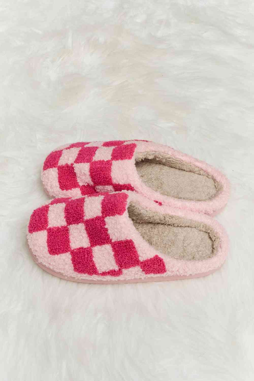 Melody Checkered Print Plush Slide Slippers - shoes - Hot Pink - Bella Bourget