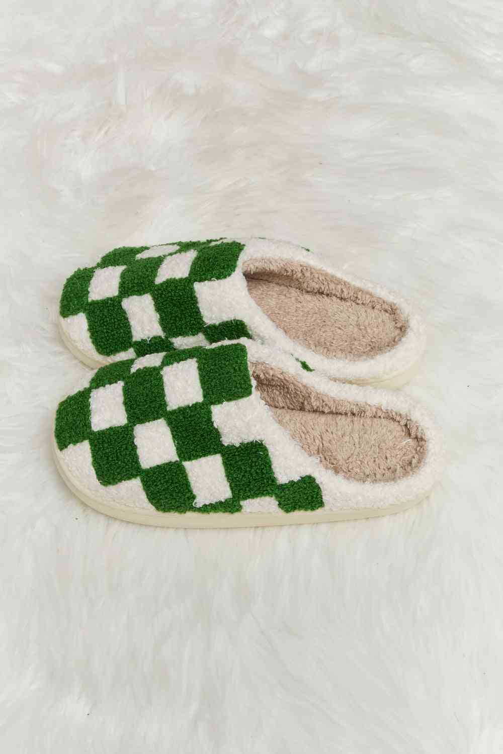 Melody Checkered Print Plush Slide Slippers - shoes - Green - Bella Bourget