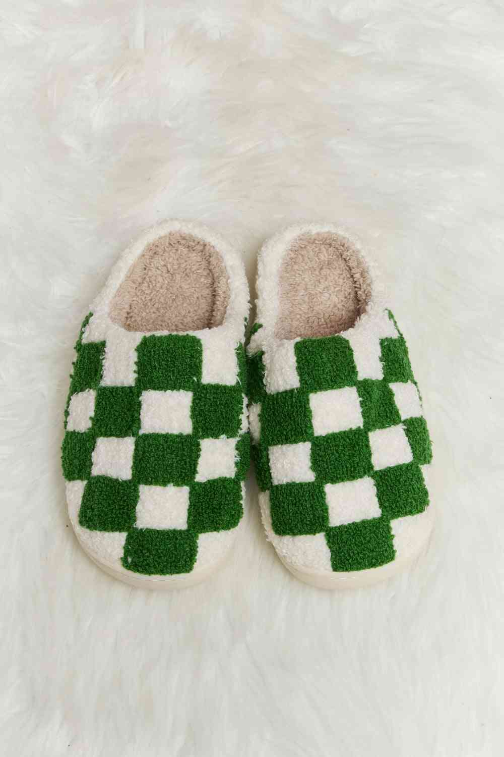 Melody Checkered Print Plush Slide Slippers - shoes - Green - Bella Bourget