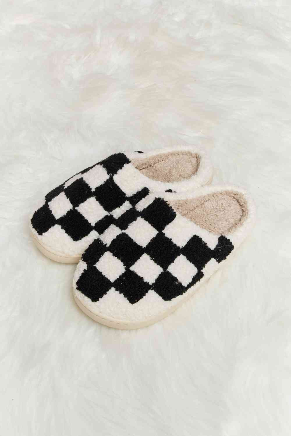 Melody Checkered Print Plush Slide Slippers - shoes - Black - Bella Bourget