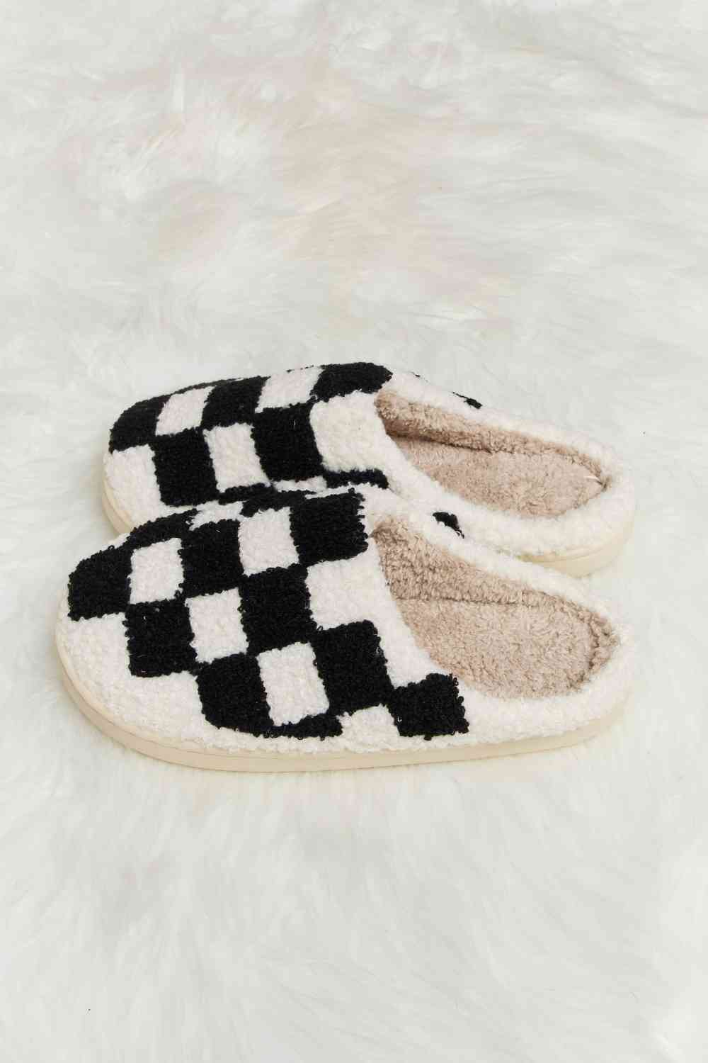 Melody Checkered Print Plush Slide Slippers - shoes - Black - Bella Bourget