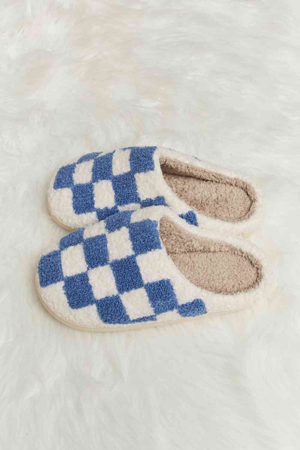 Melody Checkered Print Plush Slide Slippers - shoes - Cobalt Blue - Bella Bourget