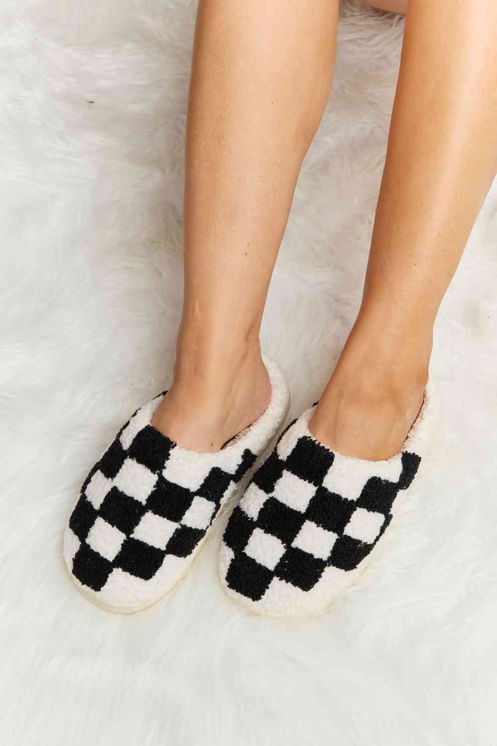 Melody Checkered Print Plush Slide Slippers - shoes - Black - Bella Bourget