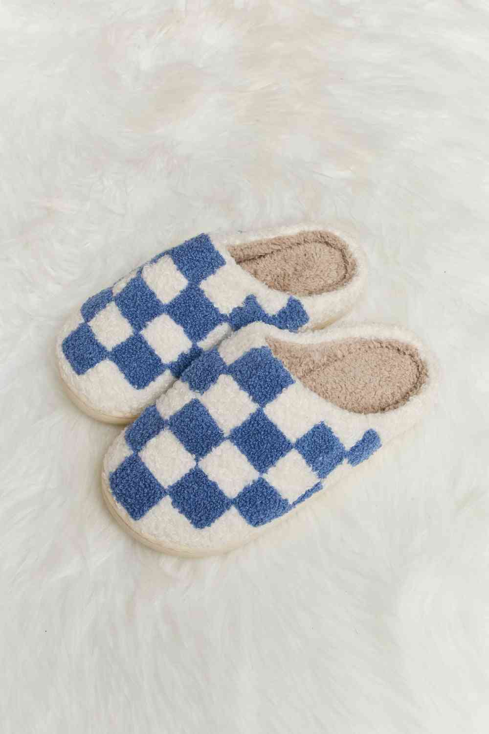 Melody Checkered Print Plush Slide Slippers - shoes - Cobalt Blue - Bella Bourget