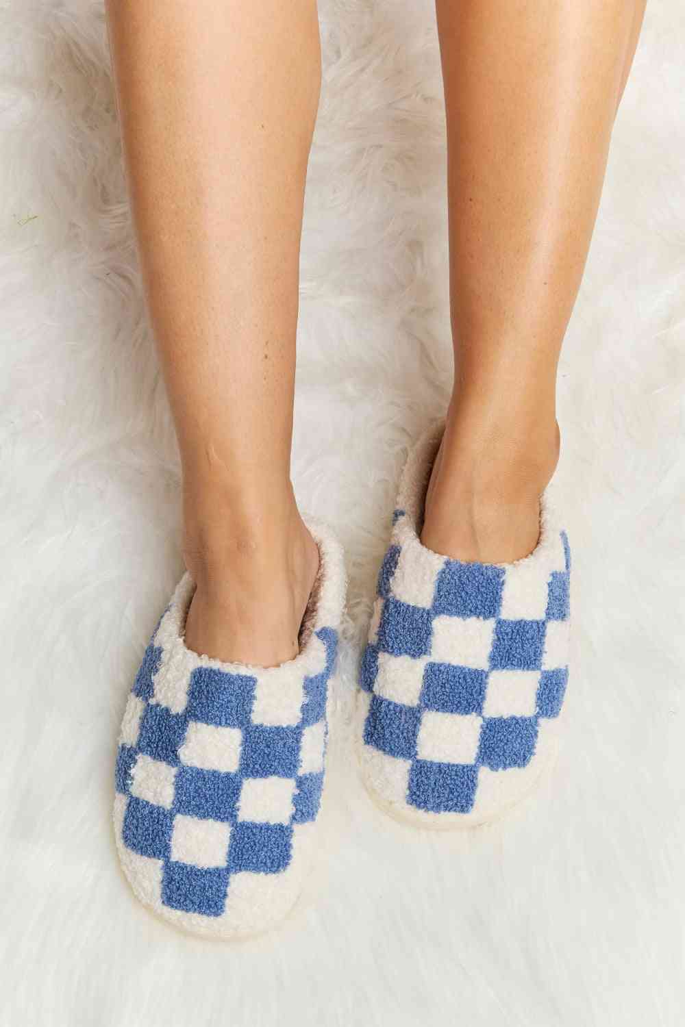 Melody Checkered Print Plush Slide Slippers - shoes - Cobalt Blue - Bella Bourget