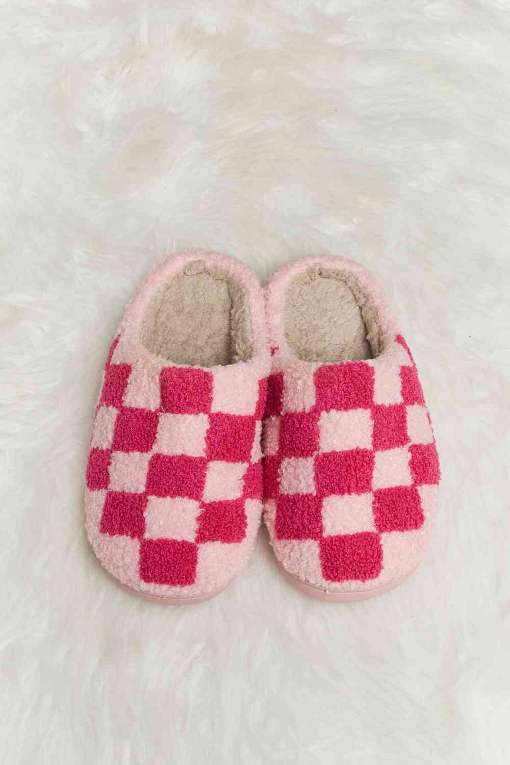 Melody Checkered Print Plush Slide Slippers - shoes - Hot Pink - Bella Bourget