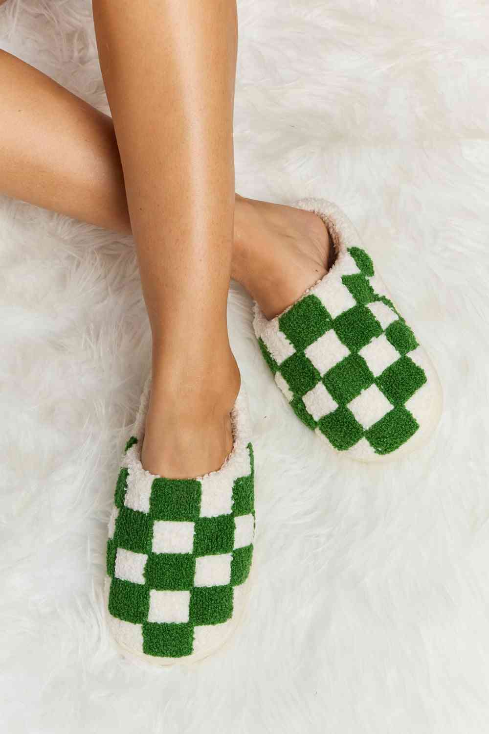 Melody Checkered Print Plush Slide Slippers - shoes - Green - Bella Bourget