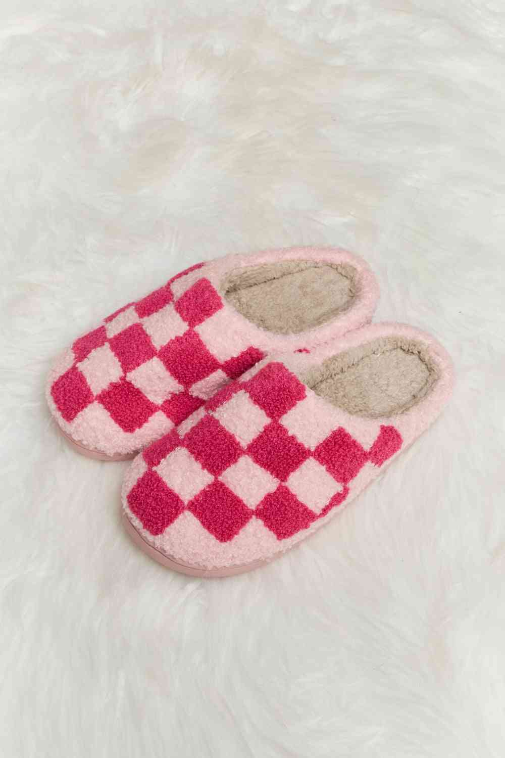 Melody Checkered Print Plush Slide Slippers - shoes - Hot Pink - Bella Bourget