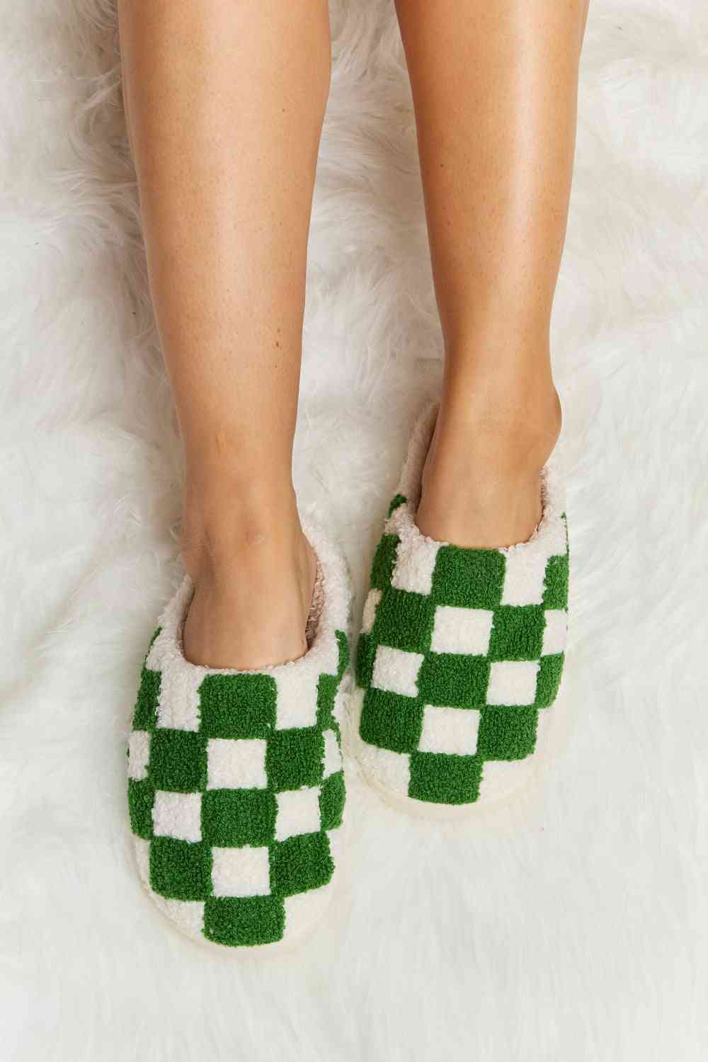 Melody Checkered Print Plush Slide Slippers - shoes - Green - Bella Bourget