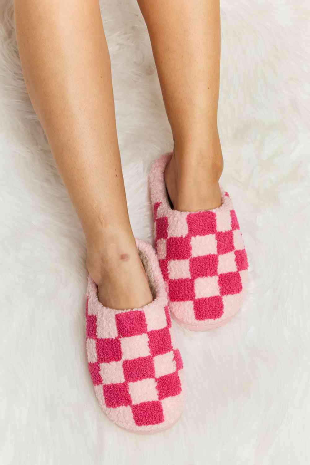 Melody Checkered Print Plush Slide Slippers - shoes - Hot Pink - Bella Bourget